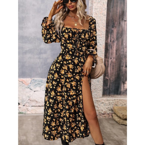 Black yellow Floral Print Flounce long Sleeve Knotted Split Thigh midi Dress - Picture 1 of 11